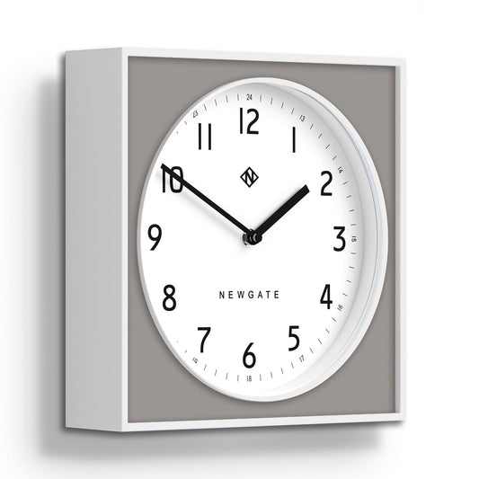 Posh grey wall clock with white inset frame, white dial, black numerals, and hands