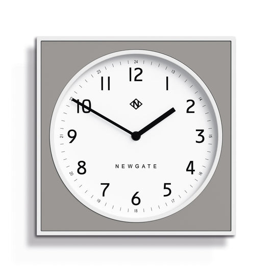 Posh grey wall clock with white dial, black Arabic numerals, and black hands