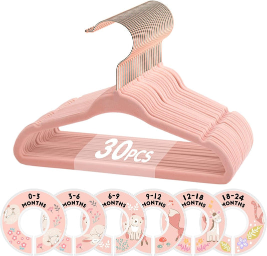 Pink velvet baby clothes hanger, notched non-slip design, 30-pack