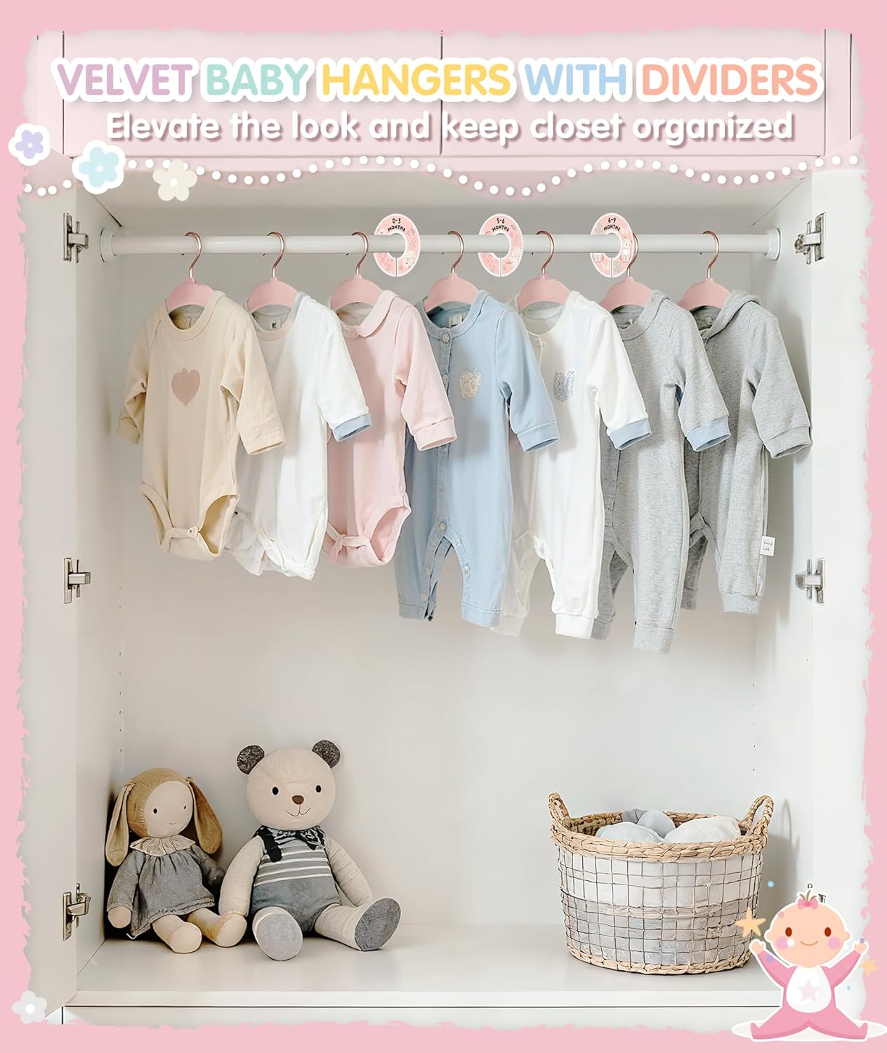 Baby Hangers, 11 Inch Velvet Kids Hangers with 6 Pcs Clothes Size Dividers, Infant Toddler Nursery Closet Organization, Non Slip, Pink, 30 Pcs