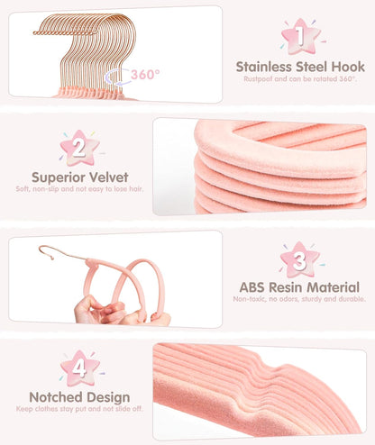 Baby Hangers, 11 Inch Velvet Kids Hangers with 6 Pcs Clothes Size Dividers, Infant Toddler Nursery Closet Organization, Non Slip, Pink, 30 Pcs