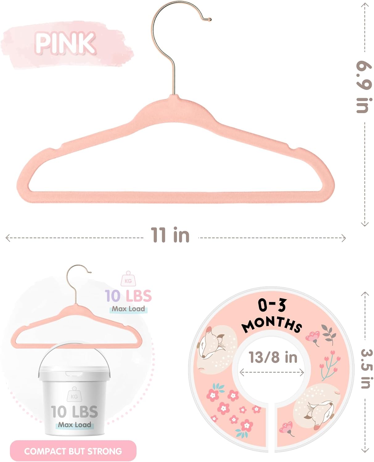 Baby Hangers, 11 Inch Velvet Kids Hangers with 6 Pcs Clothes Size Dividers, Infant Toddler Nursery Closet Organization, Non Slip, Pink, 30 Pcs