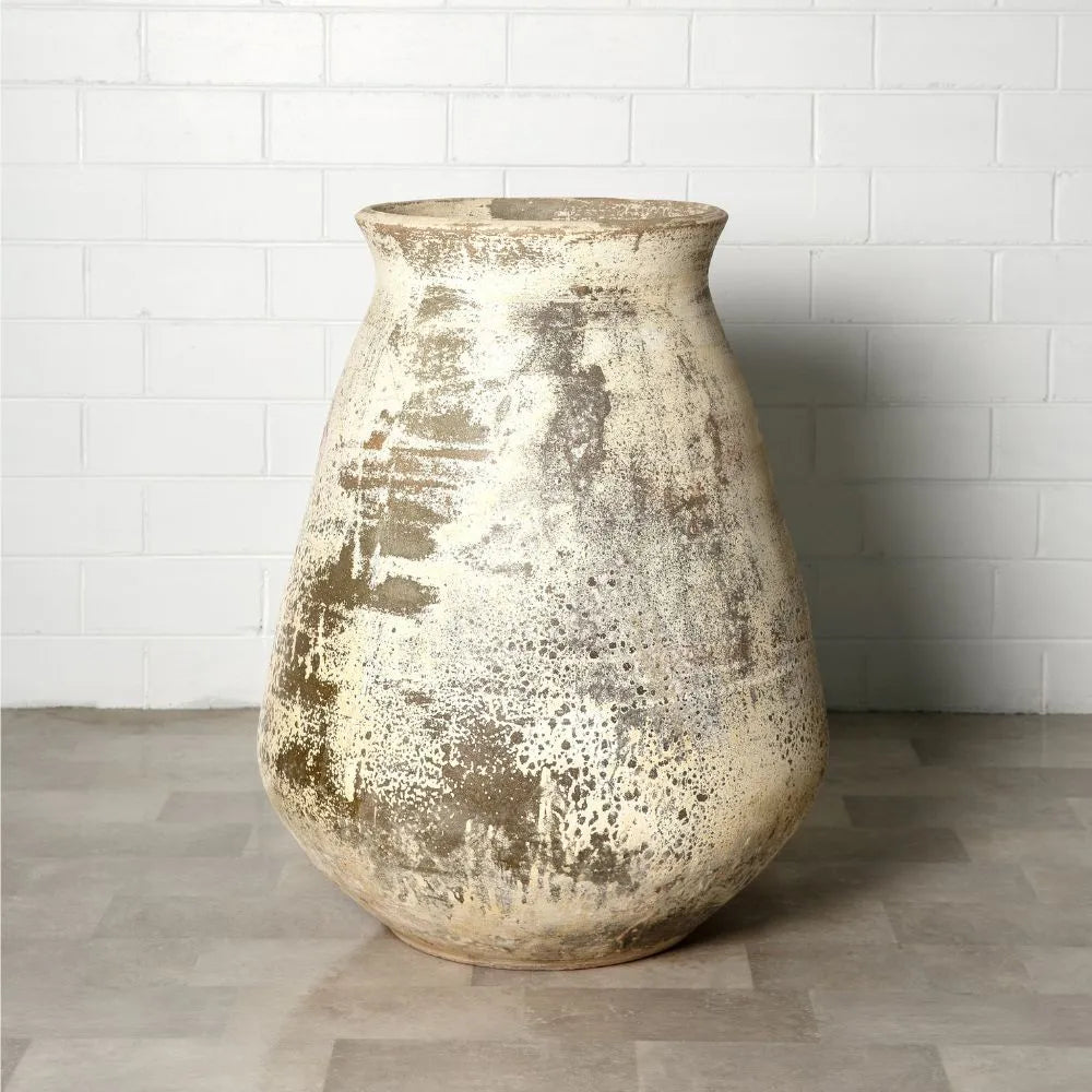 Large speckled ceramic vase with wide belly and flared top, cream and gray glaze