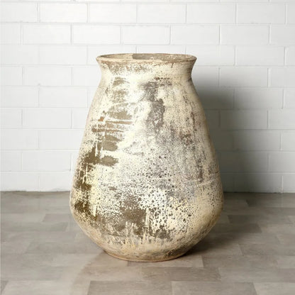 Large speckled ceramic vase with wide belly and flared top, cream and gray glaze