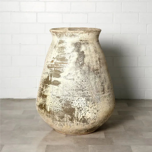 Large speckled ceramic vase with wide belly and flared top, cream and gray glaze