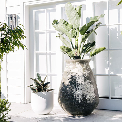 Speckled ceramic vase with flared rim and narrow neck, gray and white finish