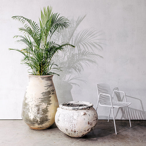 Speckled ceramic vase planter with flared rim, light gray and white distressed glaze