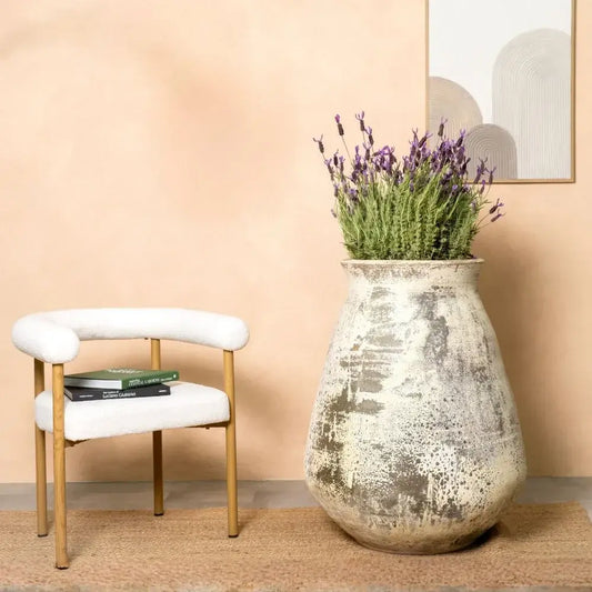 Tall speckled ceramic vase with flared rim, cream and gray distressed glaze