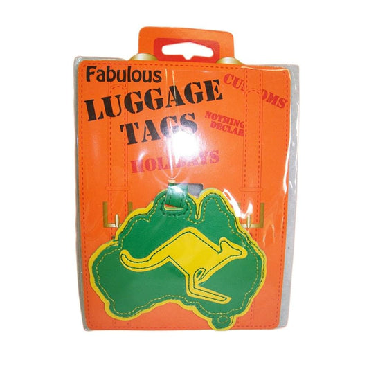Orange luggage tag with green map-shaped badge and yellow outline