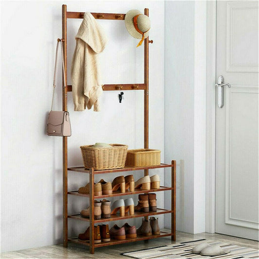 Bamboo entryway hat coat shoe rack with hanging rods, hooks, and stacked shelves