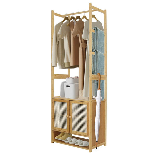 Bamboo clothes rack with hanging bar, side cabinets with perforated doors, top shelf