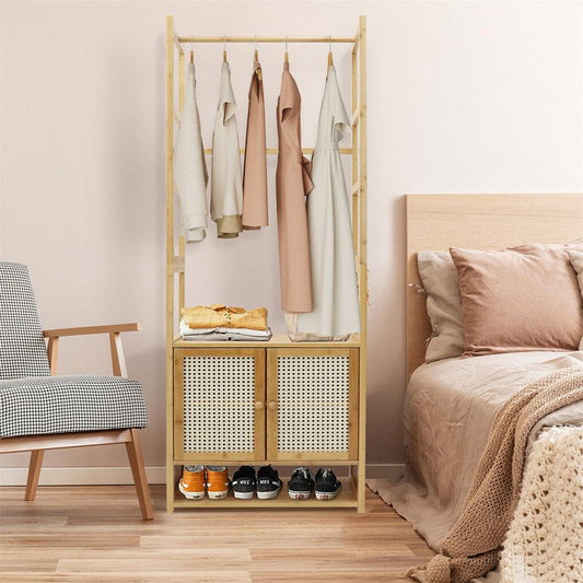 Bamboo coat stand with hanging rods, open top shelf, perforated cabinet doors, shoe storage