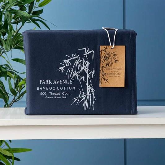 Indigo bamboo cotton sheet set package with Park Avenue label, folded fabric.
