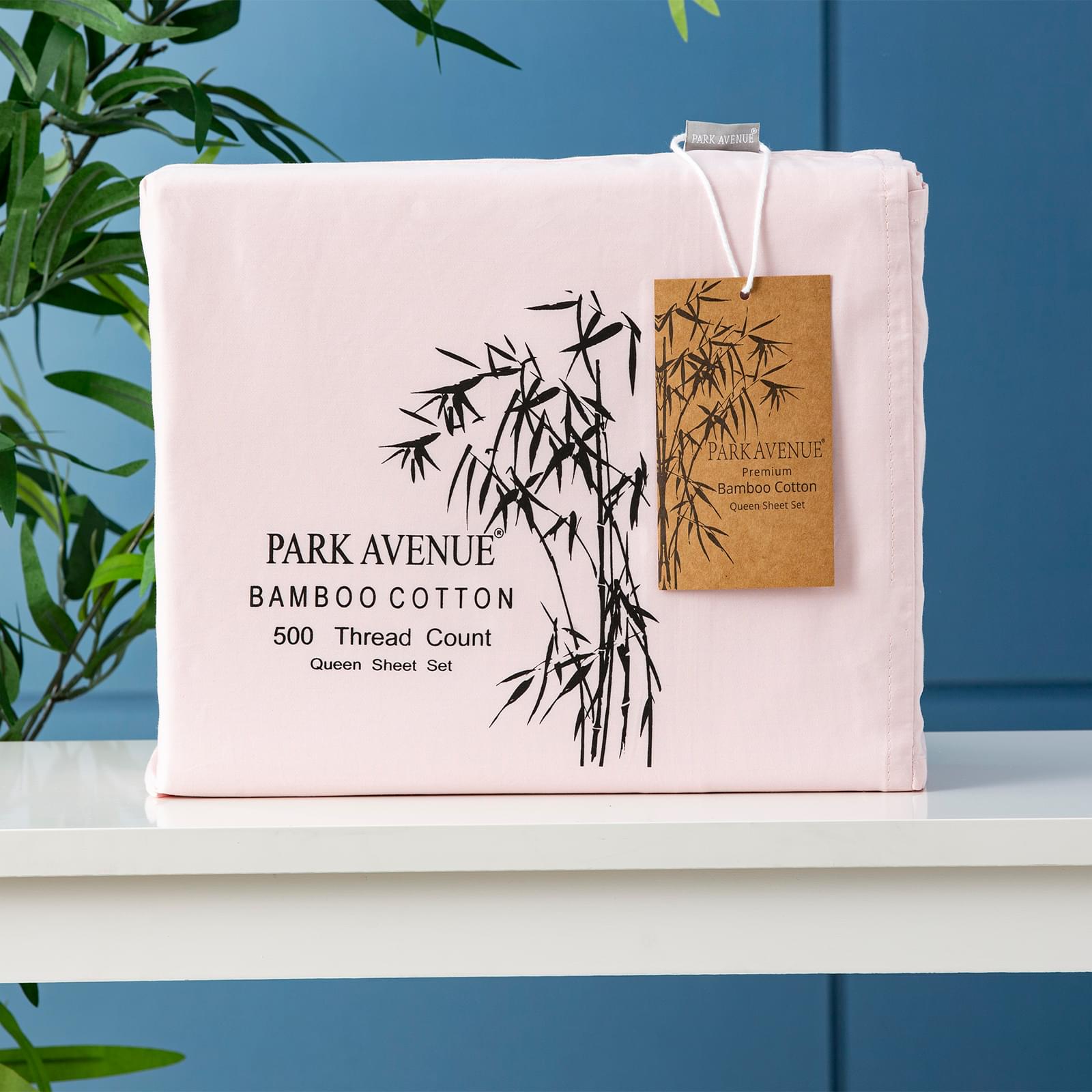 Peach bamboo cotton queen sheet set, folded fabric bundle with Park Avenue tag