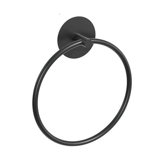 Round black towel ring with wall mount plate and curved support bar