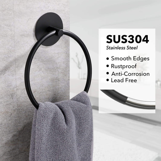 Round black wall-mounted towel ring with curved bar and mounting base