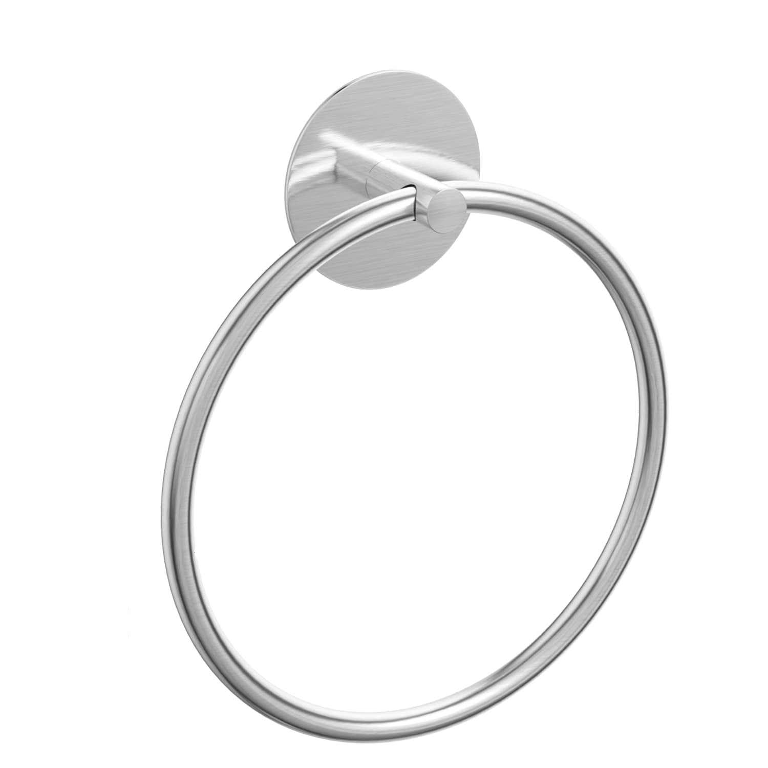 Silver bathroom towel ring with circular loop and round wall mounting plate