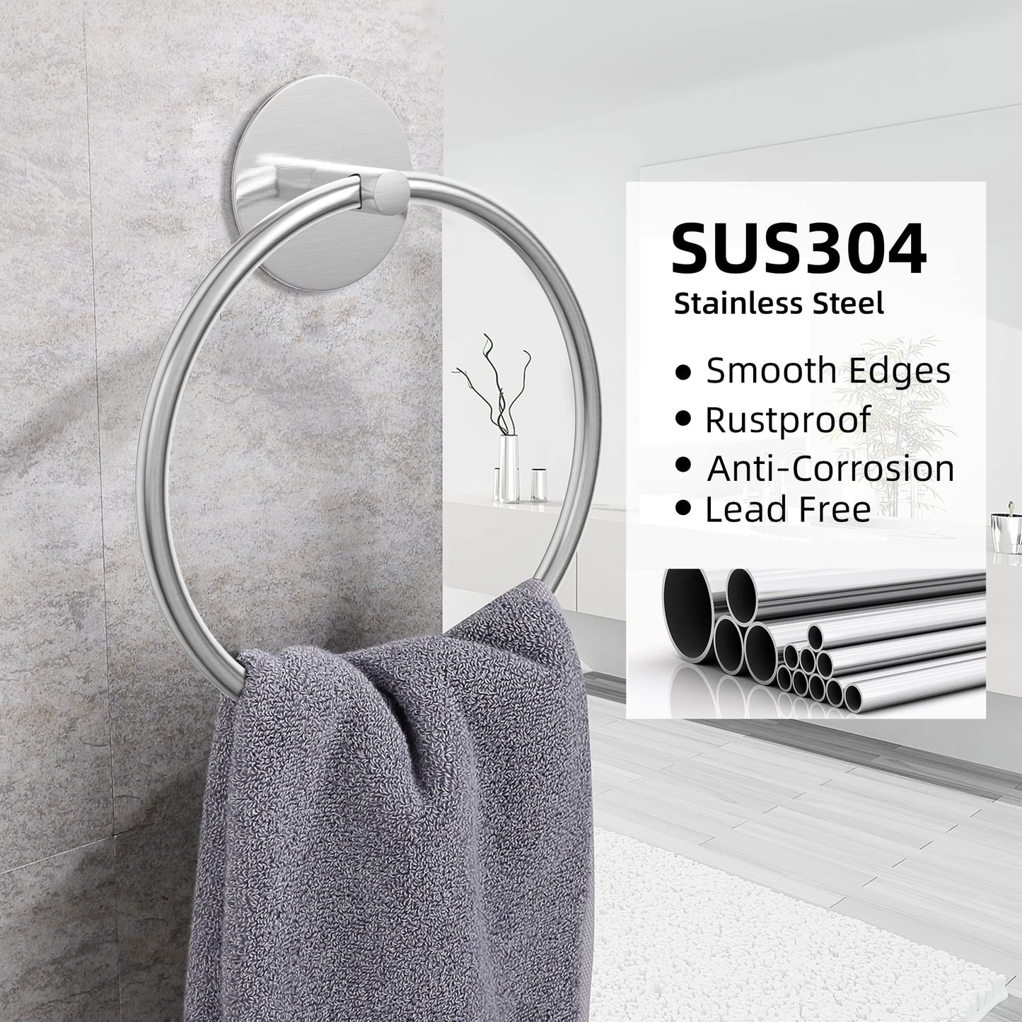 Stainless steel silver bathroom towel ring with circular loop and hand towel