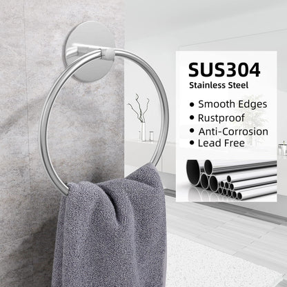 Stainless steel silver bathroom towel ring with circular loop and hand towel