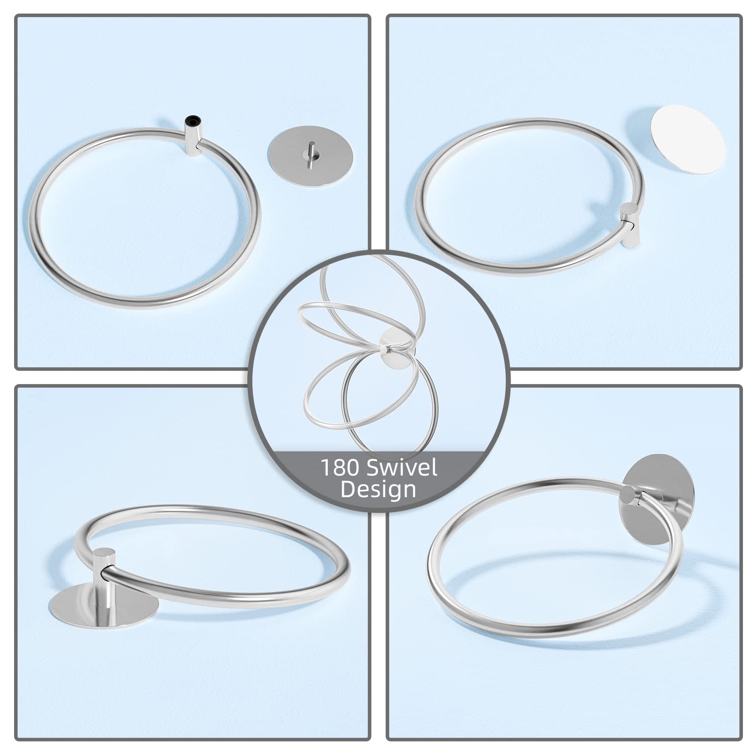 Swivel round silver towel ring with circular loop and wall mount plates