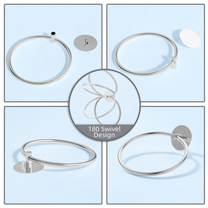 Swivel round silver towel ring with circular loop and wall mount plates