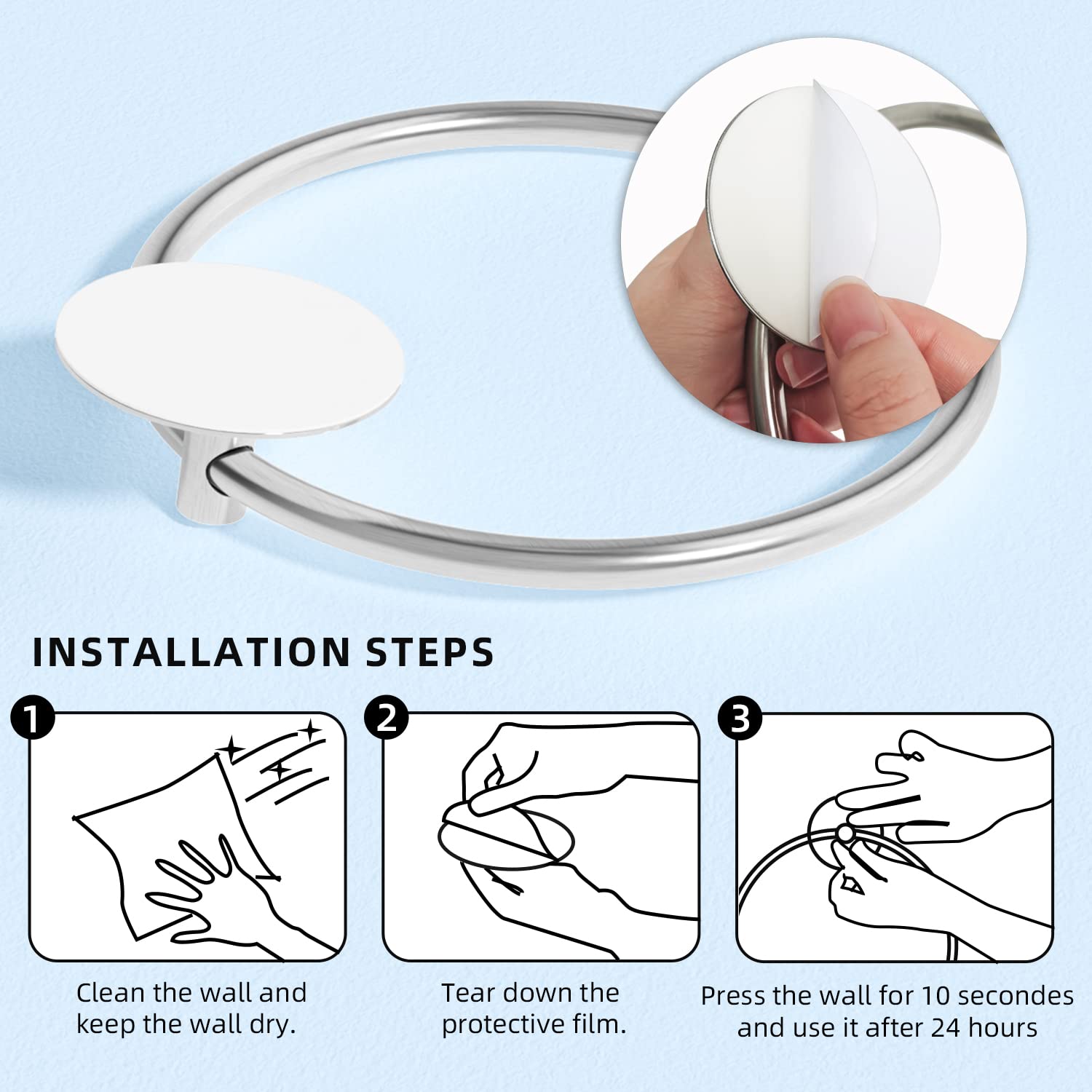 Bathroom towel ring installation steps showing wall cleaning and press-on use