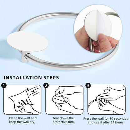 Bathroom towel ring installation steps showing wall cleaning and press-on use