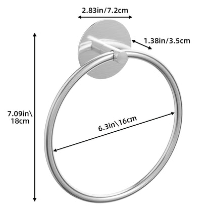 Round silver bathroom towel ring with circular metal loop and wall mount base