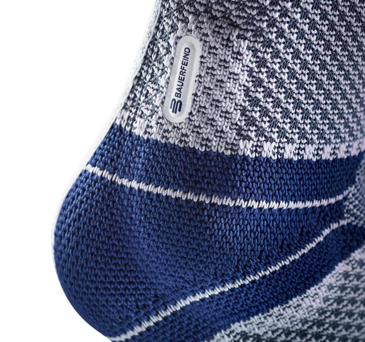Ankle support sock knit texture with blue horizontal stripes and BAUERFEIND tag