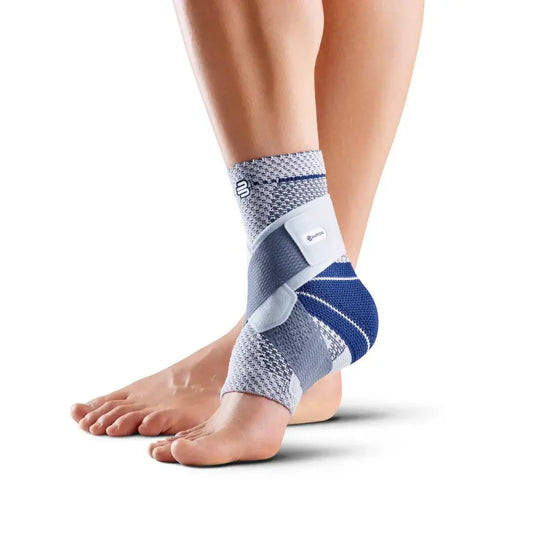 Gray-and-blue ankle support wrap with padded stabilizer on the foot
