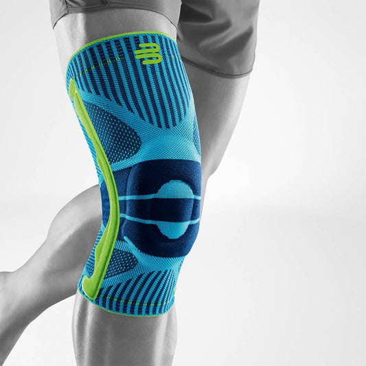 Blue knit knee support sleeve with reinforced hinge bands and bright yellow trim