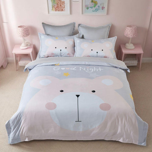 Kids quilt cover set with bear face print in light blue and white, plus two pillowcases