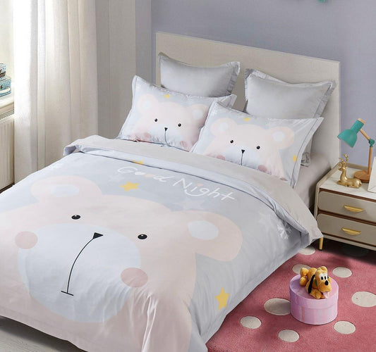 Kids quilt cover set for single bed with bear face print, stars, and two matching pillowcases