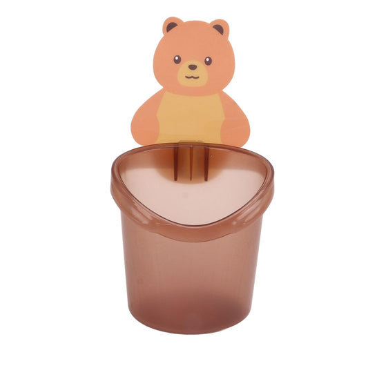 Coffee-brown bear-themed toothbrush storage cup with open top and upright holder slots.