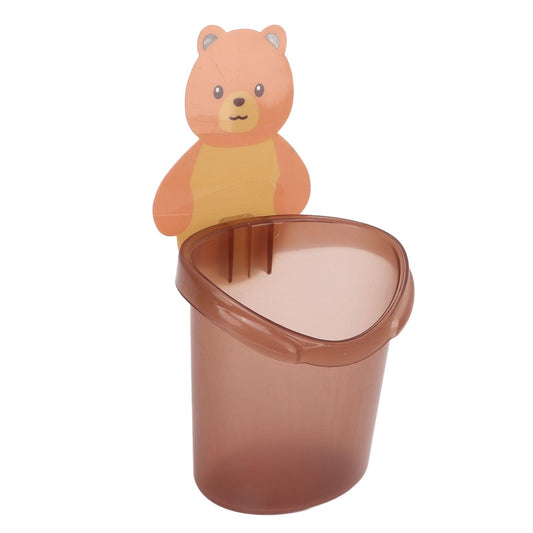 Coffee-brown bear toothbrush storage cup with open lid and side view of divider slots.