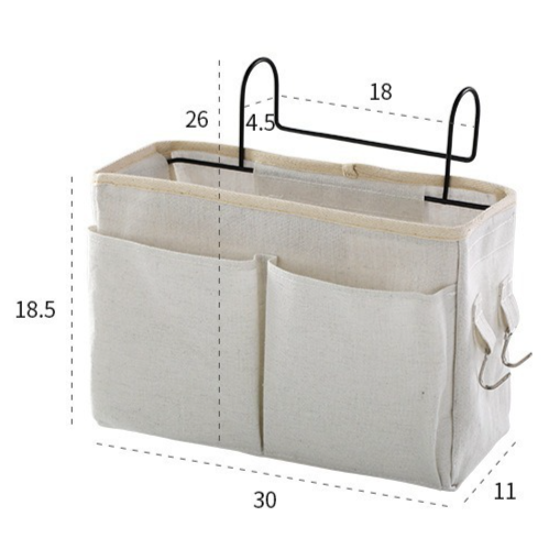 Bedside Caddy Storage Organizer with Metal Hooks, Multi-Pocket Linen Hanging Bed Caddy for Dorm Bunk Beds, Sofas—Gray