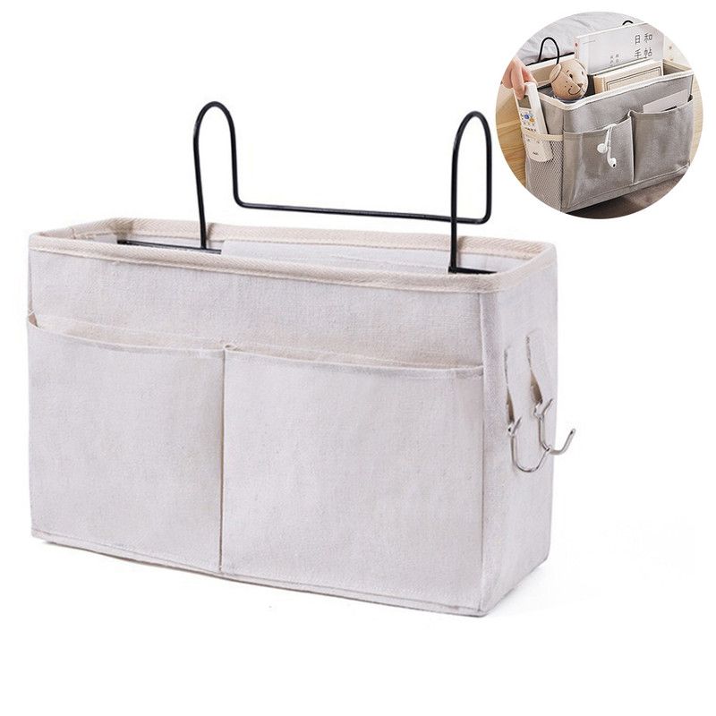 Bedside Caddy Storage Organizer with Metal Hooks, Multi-Pocket Linen Hanging Bed Caddy for Dorm Bunk Beds, Sofas—White