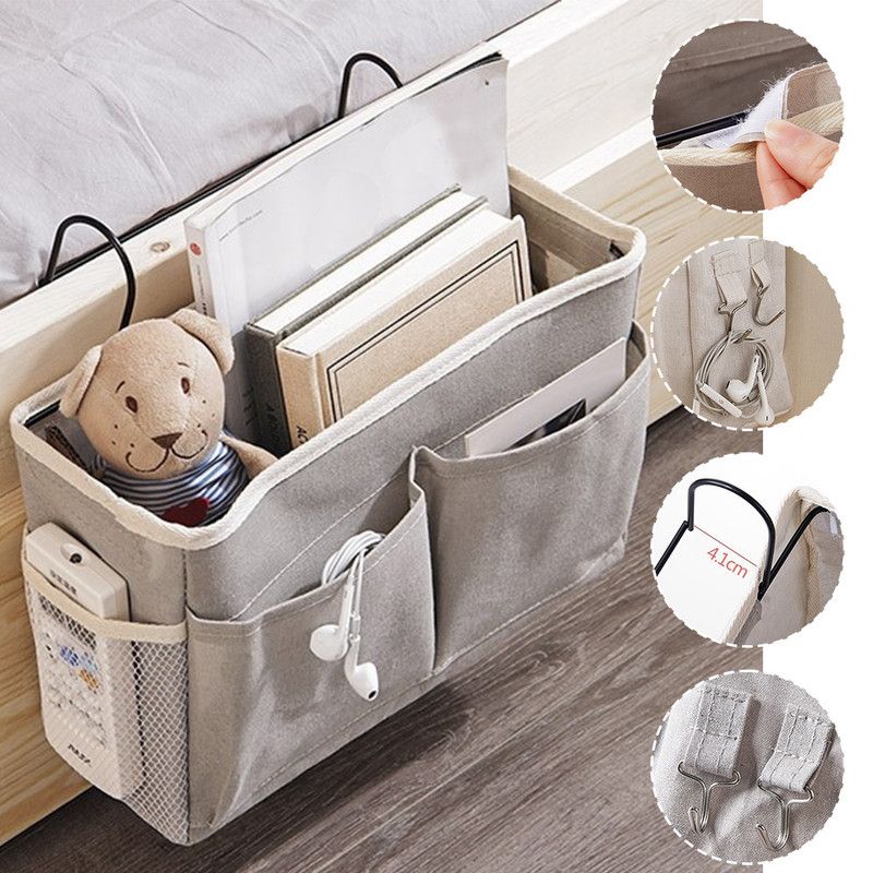 Bedside Caddy Storage Organizer with Metal Hooks, Multi-Pocket Linen Hanging Bed Caddy for Dorm Bunk Beds, Sofas—White