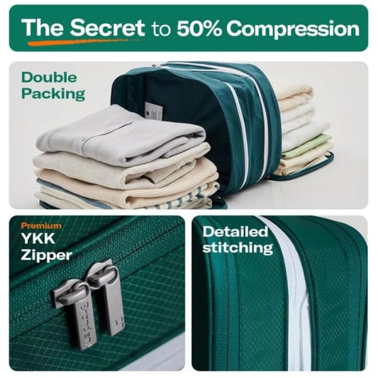 Green expandable clothing storage bag with double zippers and white trim