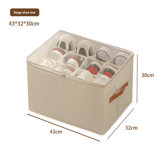 Beige fabric shoe storage box with clear window and divided compartments, foldable