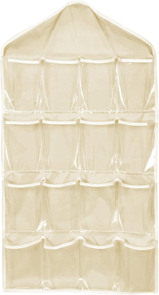 Beige hanging storage organizer bag with four pocket rows and top hanger