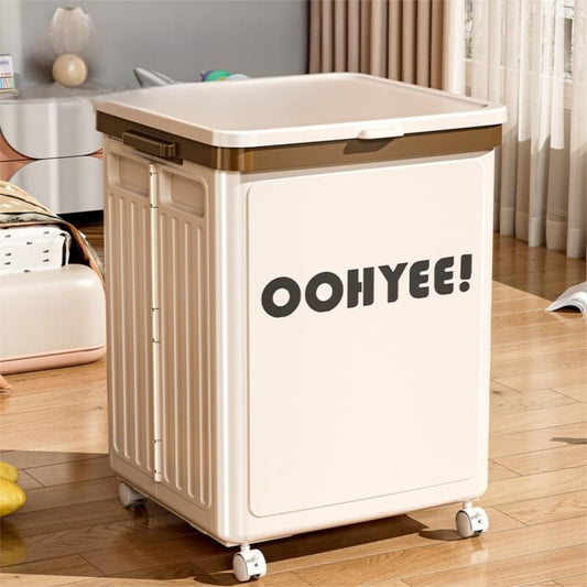 Beige large storage box with lid and caster wheels, OOHYEE logo on front