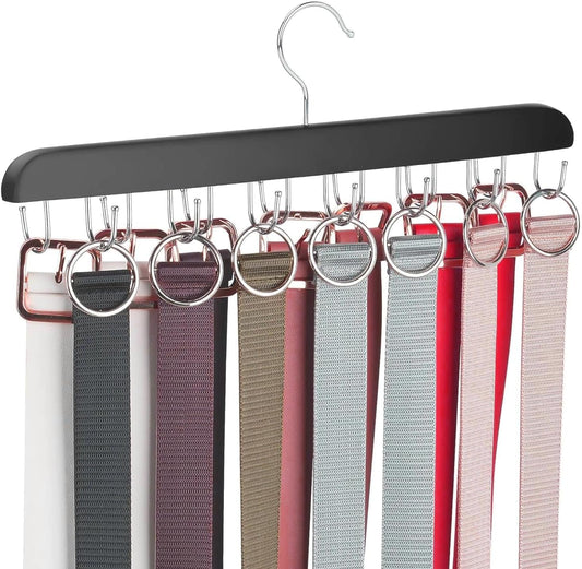 Black belt and tie hanger with multiple metal hooks holding hanging belts and ties