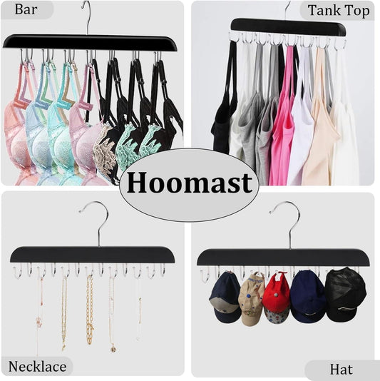 Black multi-hook closet hanger for tank tops, bras, ties, hats and jewelry