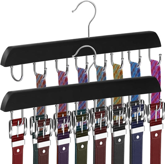 Black belt and tie hanger rack with 14 metal hooks and curved hanging hook