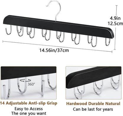 Belt Hanger Bra Hanger Tie Rack, Belt Organizer for Closet Accessories with 14 Hooks, Sturdy Wood for Closet Organizers and Storage