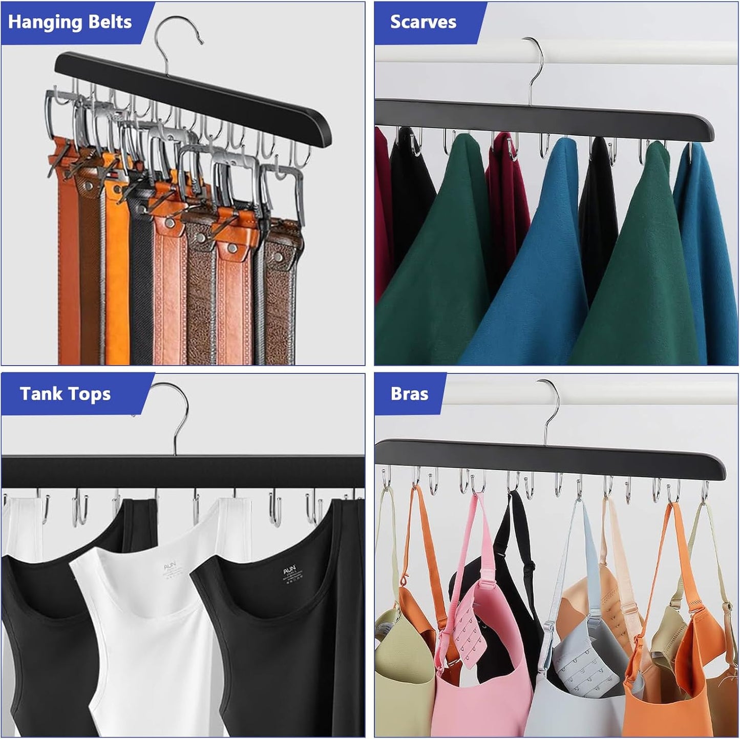 Belt Hanger Bra Hanger Tie Rack, Belt Organizer for Closet Accessories with 14 Hooks, Sturdy Wood for Closet Organizers and Storage