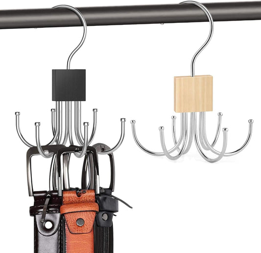 Dual belt hanger organizer with rotating metal hooks and black/wood ends