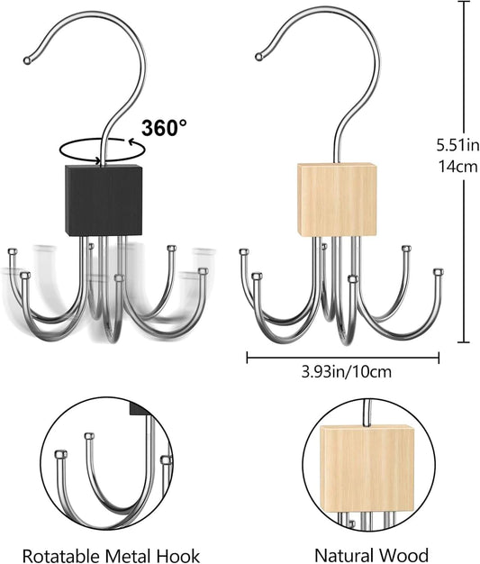 Rotatable metal hook rack with black hanger cap and 6 curved belt hooks