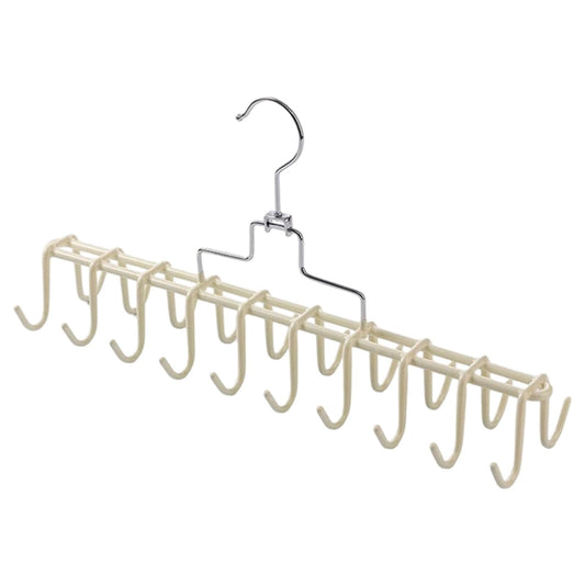 White metal tie rack hanger with long row of curved hooks and top hanging loop
